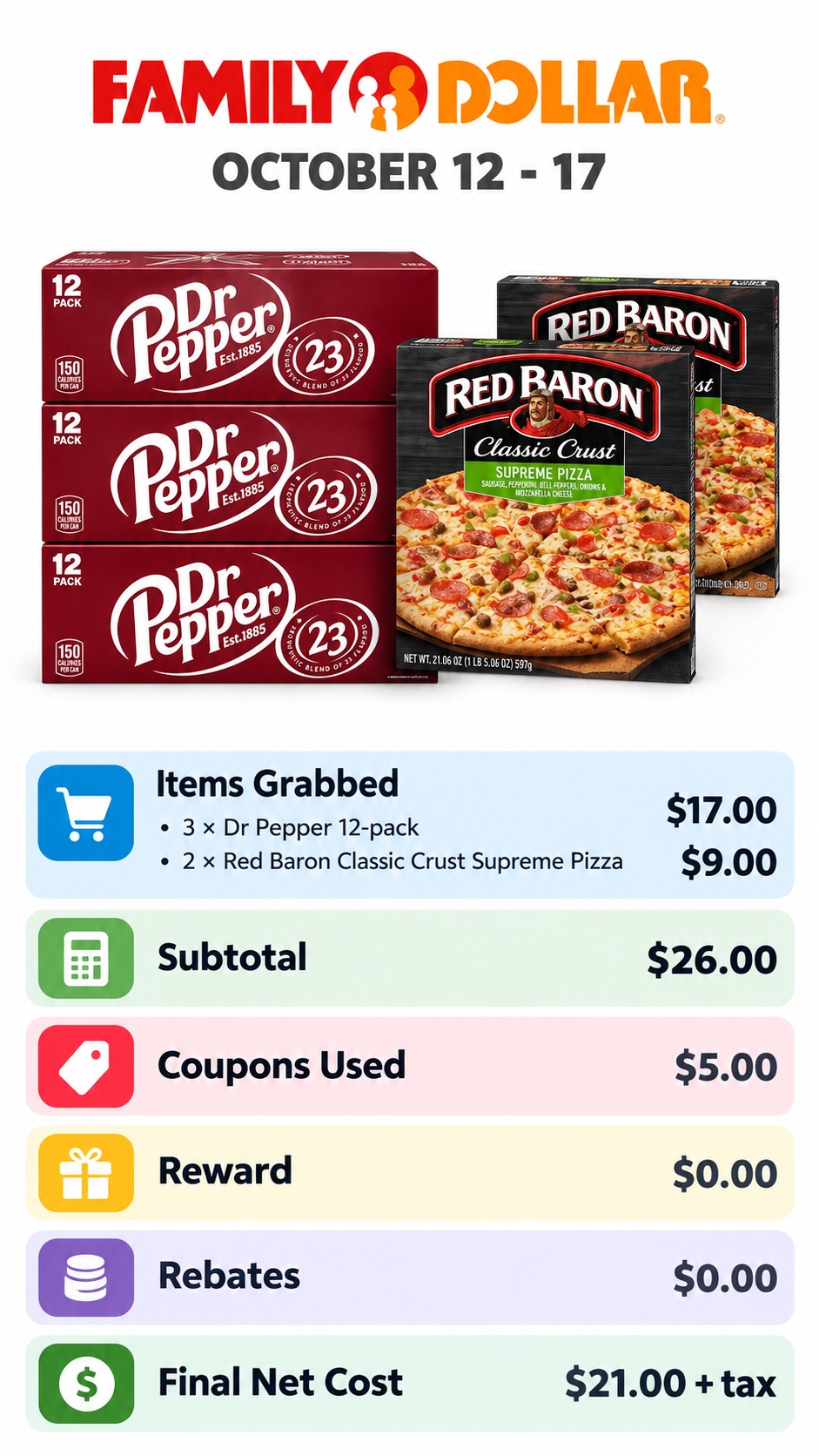 Dr Pepper 12-Packs and Red Baron Pizzas