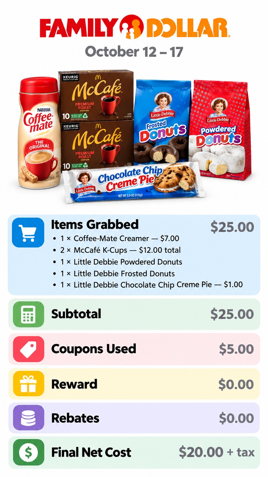 Coffee-Mate, McCafé and Little Debbie Family Dollar Basket