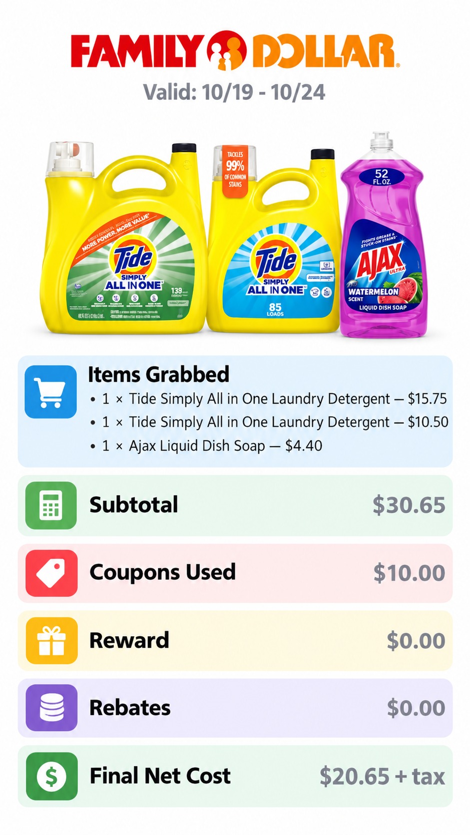Tide Simply Laundry Detergent and Ajax Dish Liquid