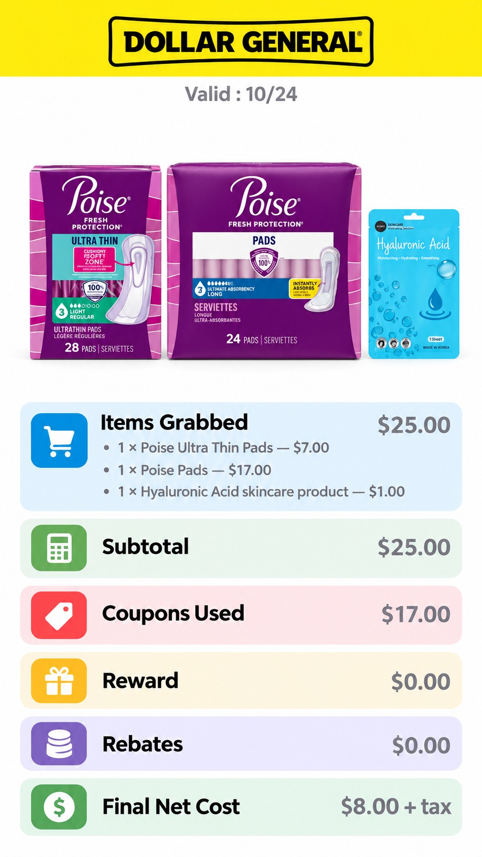Poise Pads and Hyaluronic Acid Skincare Deal