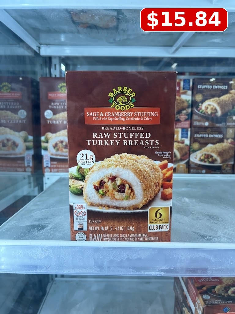 Barber Foods Breaded Boneless Raw Stuffed Turkey Breasts with Rib Meat, Sage & Cranberry Stuffing