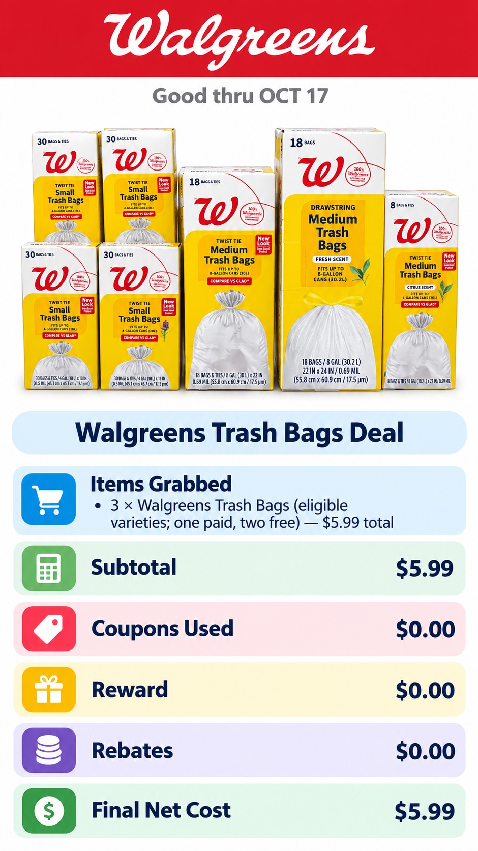 Walgreens Trash Bags Buy 1, Get 2 Free