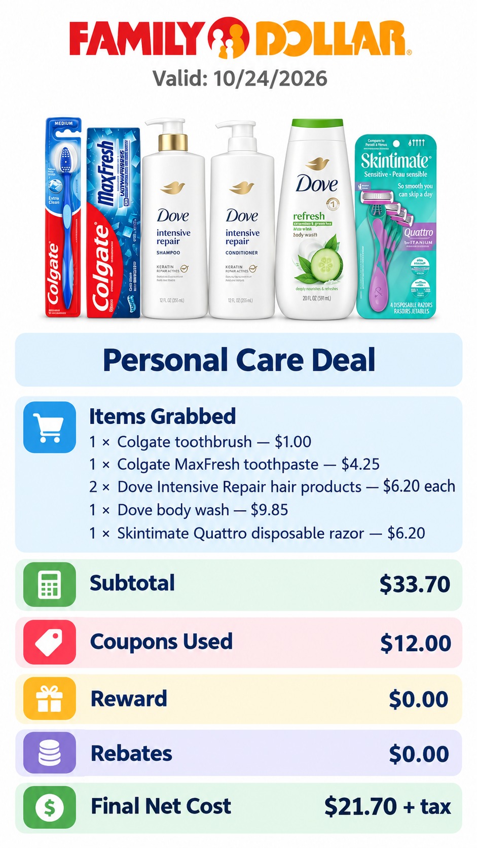 Colgate, Dove, and Skintimate Personal Care Bundle