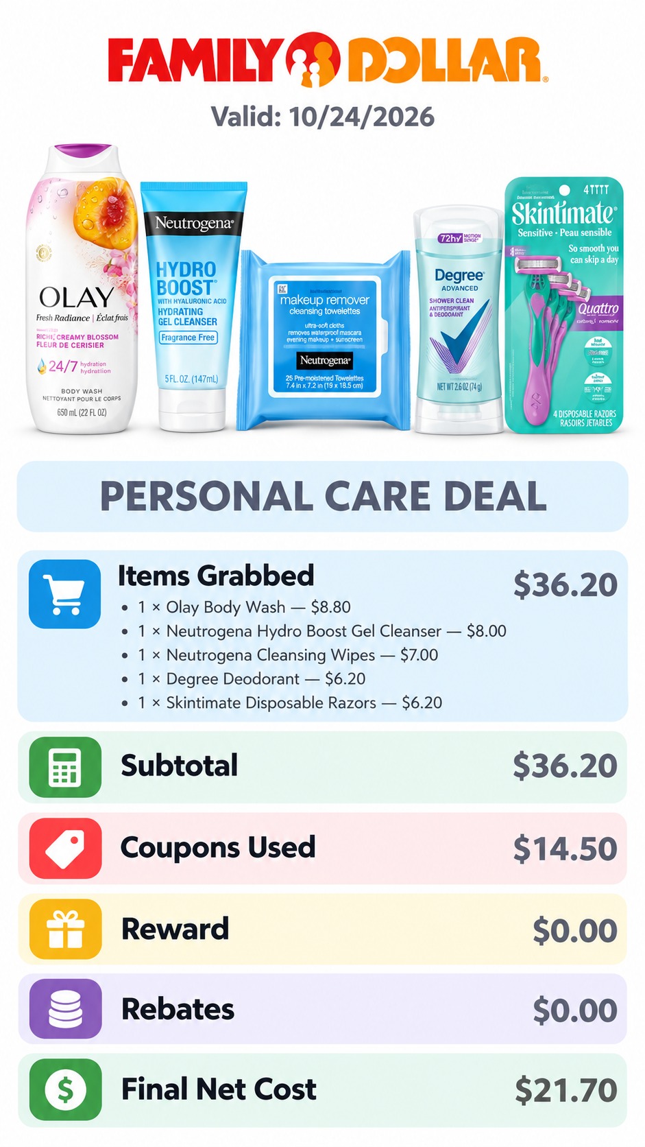 Olay, Neutrogena, Degree and Skintimate Personal-Care Bundle