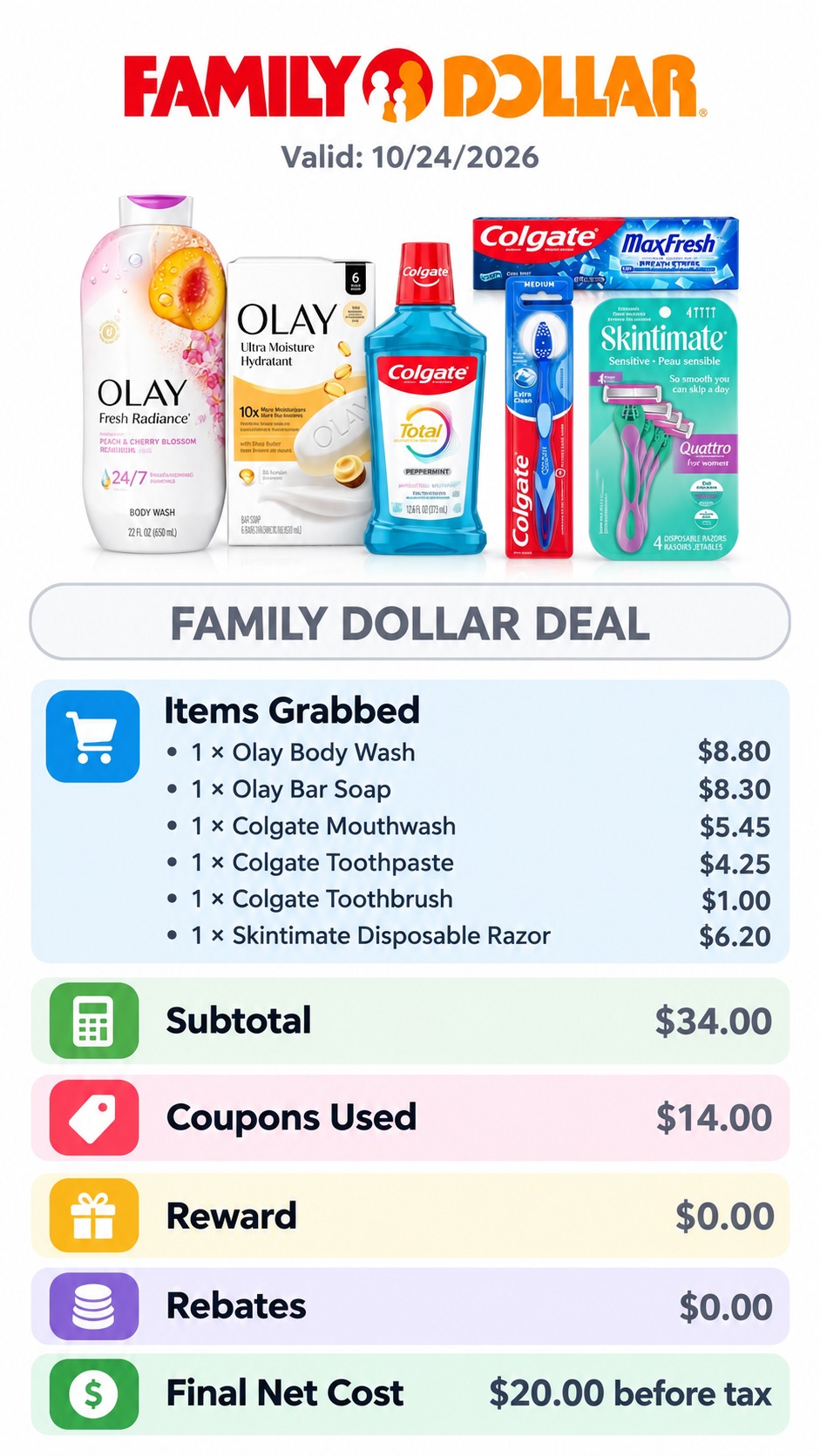 Olay, Colgate and Skintimate Personal Care Bundle