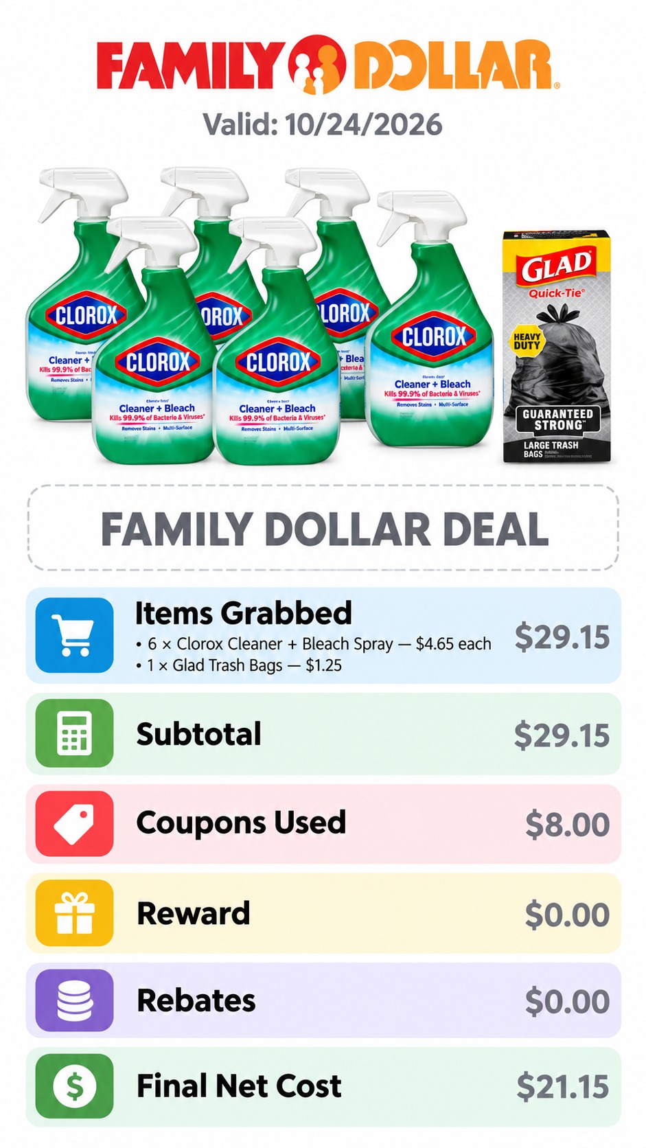 Clorox Cleaner + Bleach Spray and Glad Trash Bags