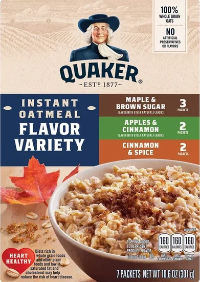 Quaker Instant Oatmeal, Flavor Variety Pack, 10.6 oz Box, 7 ct