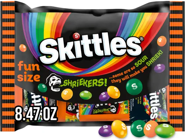 Skittles Shriekers Sour Fun Size Chewy Gelatin Free Gluten Free Kosher Halloween Candy Bag