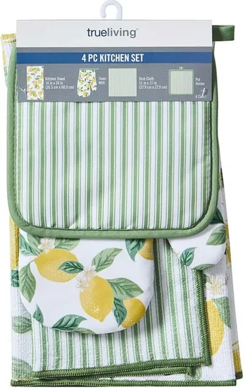 True Living 4 Piece Kitchen Set, Microfiber Towel, Oven Mitt, Pot Holder & Dishcloth, 4 Assorted Designs