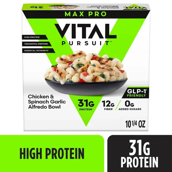 Vital Pursuit Chicken & Spinach Garlic Alfredo Pasta Bowl, High Protein GLP-1 Friendly Frozen Meal, 31g Protein, 10.25 oz (Frozen)