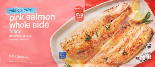 Wild Caught Whole Side Boneless Skin-On Pink Salmon Fillets